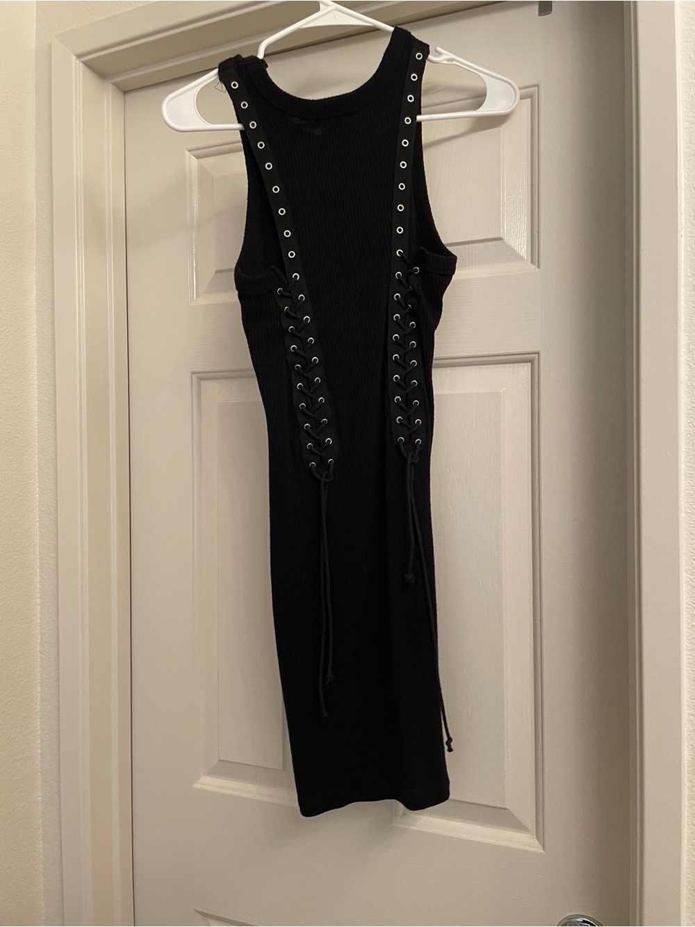 Black Ribbed Midi Dress with Lace-Up Stitching Details